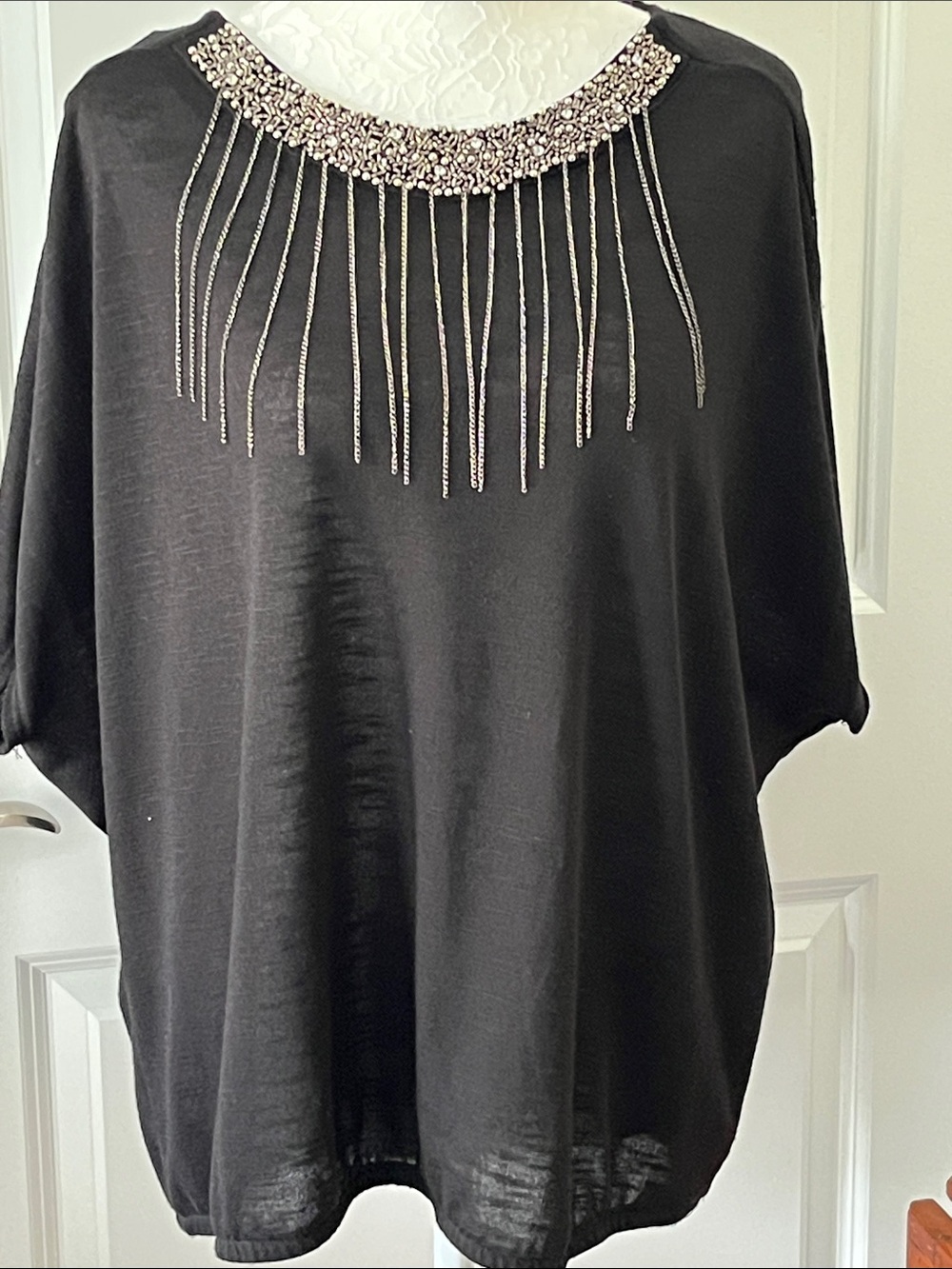 Alyx Black  Top with Beaded Chain Fringe Neckline Detail NWOT SZ L